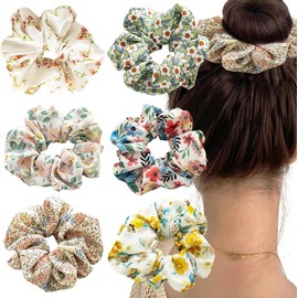 Flower Chiffon Hair Scrunchie,6Pcs Floral Plaid Solid Color Scrunchie,Spring Summer Floral Hair Scrunchies,Floral Chiffon Elastic Hair Tie Scrunchie,Floral Plaid Solid Hair Scrunchie for Girls Women