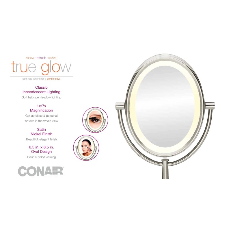 Conair Oval Shaped Double-Sided Lighted Makeup Mirror; 1x/7x , Satin