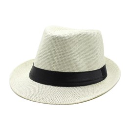 Gossifan Straw Fedora Hat for Men Panama Hat Short Brim Summer Sun Hat Black Belt-Cream