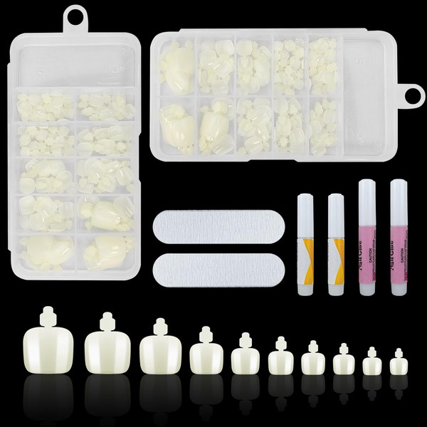 Hengxinchen Pack of 200 Toenails Tips Kit, 10 Sizes, Artificial Toenails, Full Coverage, False Toenails, Artificial Acrylic Toenails, Nail Tips with Glue and Box for Nail Salons (Natural)