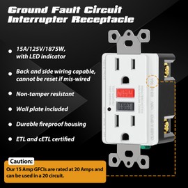 ELECTECK 10 Pack GFCI Outlets 15 Amp, Non-Tamper Resistant, Decor GFI Receptacles with LED Indicator, Ground Fault Circuit Interrupter, Wallplate Included, ETL Listed, Red/Black Button