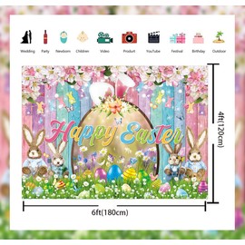 Happy Easter Backdrop Colorful Wood Photography Background Spring Flower Easter Bunny Eggs Banner Easter Themed Party Decoration Background (6X4FT (180x120cm))