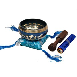 SATNAM Tibetan Singing Bowl Set with Traditional Design Tibetan Buddhist Prayer Flag - Handmade in Nepal (Blue)