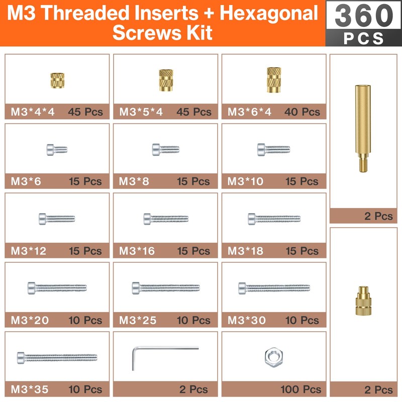 Preciva M3 Threaded Inserts Set, 360Pcs Heat Set Bolts Nuts