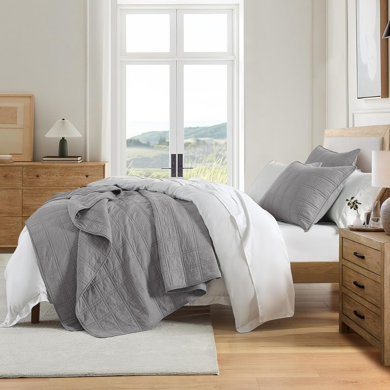 HORIMOTE HOME 100% Cotton Quilt Set King Size, Grey Pre-Washed