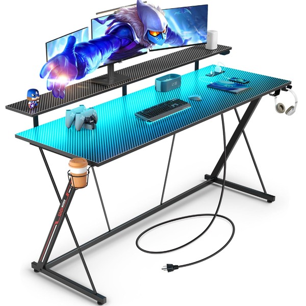 SEVEN WARRIOR Gaming Desk with LED Lights & Power Outlets, 55" Computer Desk with Monitor Shelf, Home Office Desk with Cup Holder and Headphone Hook, Ergonomic, Carbon Fiber Surface Black