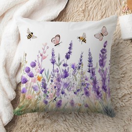 PreLiving 18'' x 18'' Spring Summer Floral Throw Pillow Cover - Watercolor Lavender Field with Butterflies and Bees Design, Nature-Inspired Botanical Garden Cushion Case for Home, Sofa, Bed Decor