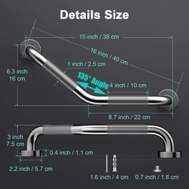 16 Inch Angled Grab Bar 2 Pack, ZUEXT Anti Slip Shower Grab Bar Handles,Chrome Stainless Steel Knurled Bathroom Balance Bar, Safety Hand Rail Support,Handicap Elderly Injury Senior Assist Bath Handle