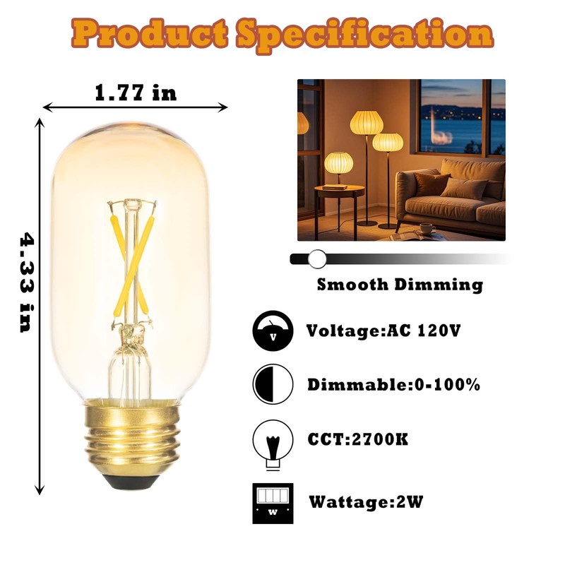 FLMAMT T14 Led Dimmable Light Bulb, 2W Equal to 25