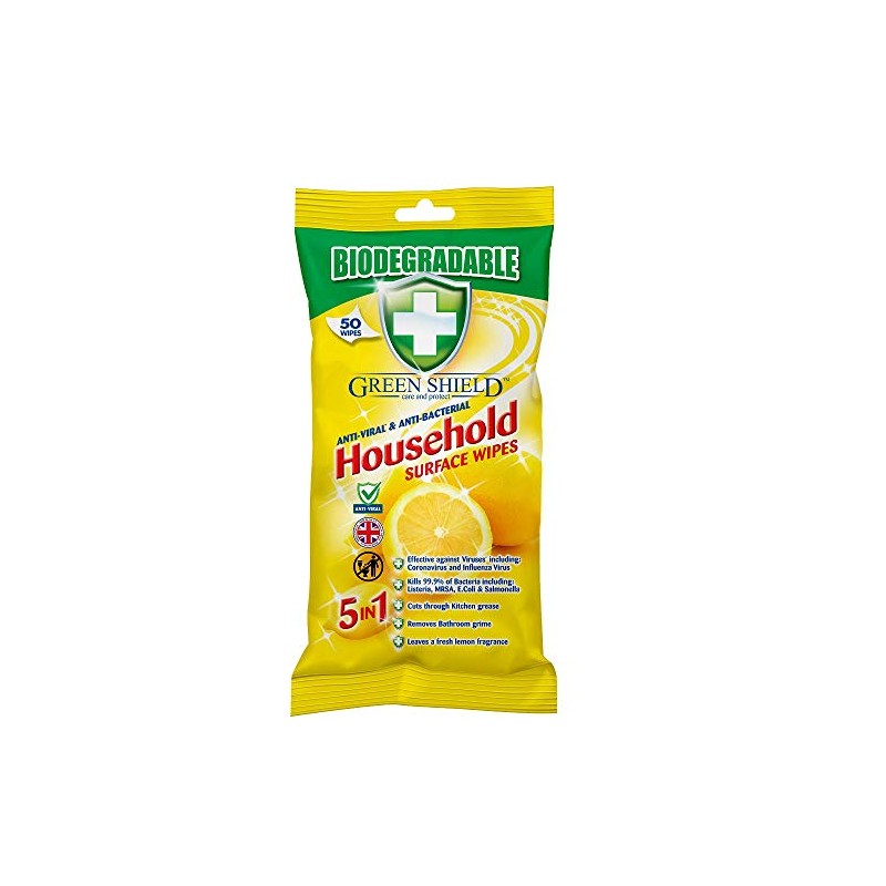 GreenShield Biodegradable Antiviral and Anti-Bacterial Surface Wipes for Home, 50