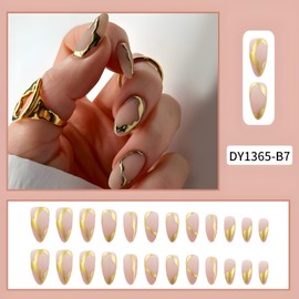 Almond Press on Nails Medium Nude Fake Nails with Gold Stripe Design Acrylic Nails Matte Nails Press ons Full Cover Glue on Nails for Women Girls 24 Pcs