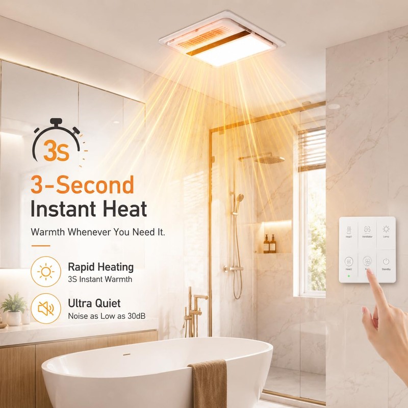 Bathroom Exhaust Fan with 1800W Heater and Light, 140 CFM