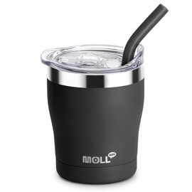 Mollcity Kids Tumbler with Straw 9 oz Stainless Steel Double Wall Vacuum Insulated Cup with Leakproof Lid, Metal Travel Mug with Silicone Pad, BPA and Sweat-Free(Black)