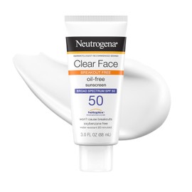 Neutrogena Clear Face Loción de protección solar para piel propensa al acné, protector solar facial SPF 50 de amplio espectro para piel grasa, sin aceite, fragancia y oxibenzona, protector solar
