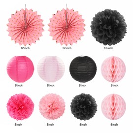 Hot-Pink Black Girls-Women Birthday Party-Decorations - 21pcs Baby Happy Banner, Paper Streamers Lanterns,Tissue Pom Poms Fan,Backdrop Decor Huglony