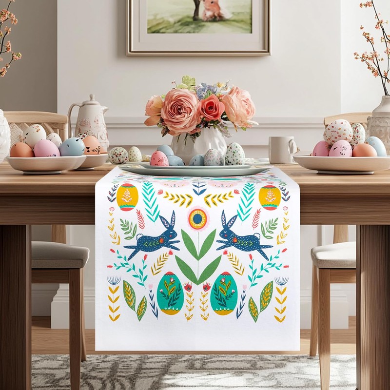 Easter Folk Collection Cotton Table Runner 13x72 Inch, Pastel Spring