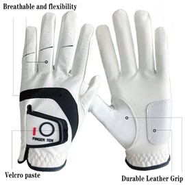FINGER TEN Golf Gloves Men Left Hand Leather All Weather Premium Grip Tour Value 2 Pack, Mens Golf Glove Soft Comfortable Breathable Flexible for Golfers Sport Outdoor (White, M, Left)…