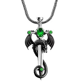 PZKQSAC Gothic Dragon Sword Cross Necklace for Men Women Vintage Black Dragon Pendant Necklace Punk Wrapped Sword Red Blue Green Rhinestone Necklaces Dark Goth Halloween Jewelry
