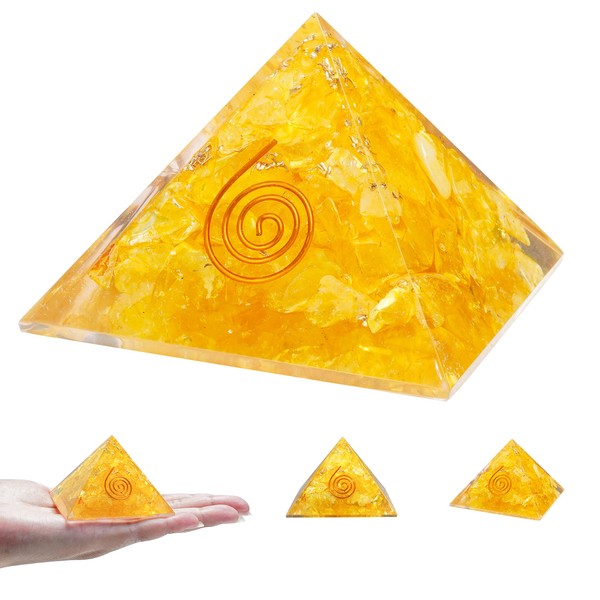 Crocon Yellow Onyx Stone Orgone Pyramid Reiki Crystal Healing Chakra Stone Balancing Spiritual Good Luck Pyramid Paperweight Gift Enhance Home Office Kitchen Decor Size : 2.5-3 Inch