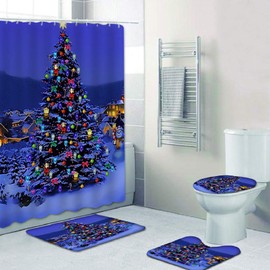 SUNGFINE 4 PCS Christmas Bathroom Decorations Set Toilet Seat Cover Rug Shower Curtain Sets Printed Christmas Tree Bathroom Décor (Type A2)