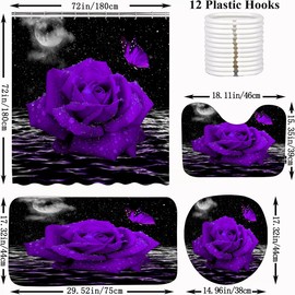 ALEXEX 4 PCS Purple Rose Shower Curtain Sets,Black Sky Bathroom Set with Shower Curtain and Rugs and Accessories,Lunar Ocean Raindrop Shower Curtain Bathroom Decor with 12 Hooks,72 X 72 Inches