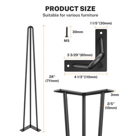 Table Legs 28 Inch, Hairpin Legs 28 Inch, Desk Legs for Furniture with Rubber Floor Protectors, Industrial Style Long Legs for Coffee Table, Side Table, Dining Table, Bench, 4PCS Black