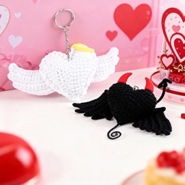 Kigeli 2 Pcs Valentines Crochet Heart with Wings Angels Keychain Gift Hand Woven Demons Knitted Heart Shaped Keychain for Valentines Birthday Couples Backpacks Purses Handbag Funny Party Favors