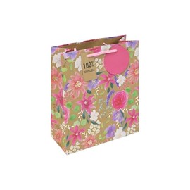 Eurowrap Medium Brown Kraft Paper Floral Gift Bag – Floral Print Gift Bag with Woven Handle – Perfect for Mother's Day, Birthdays & Special Occasions