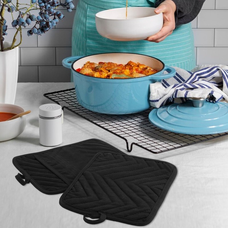 Sibba Black Pot Holders with Pocket, 2 Pcs Cotton Heat