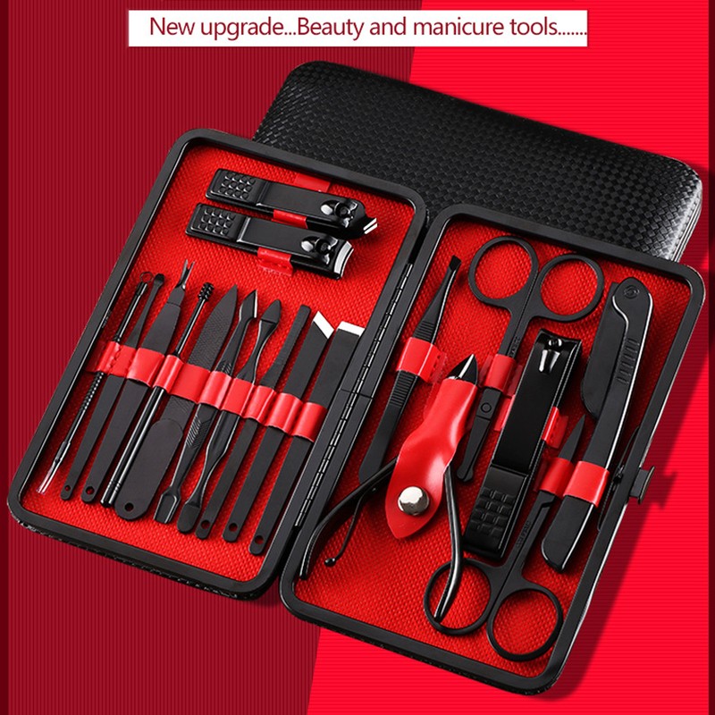 18PCS Nail Clippers Set Black Stainless Steel Portable High Strength
