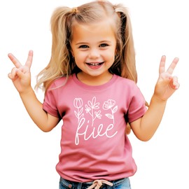 Five Floral 5th Birthday Shirt for Toddler Girls Fifth Birthday Outfit White on Mauve Shirt 4T