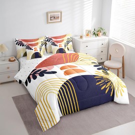 Boho Mid Century Bed in a Bag Queen Comforter Set 7 Piece,Abstract Geometric Modern Minimalist Bedding Sets Geometry Line Art Sheet Set with Comforter,Circle Graphic Ombre Stripes Bed Set,Orange Blue