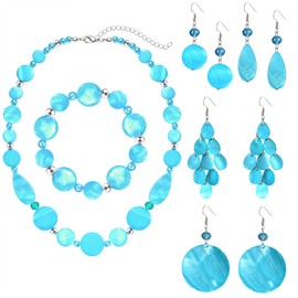 JERTOCLE Shell Necklace and Bracelet Earrings Set for Women Boho Shell Choker Necklace Bracelet Waterfall Seashell Dangle Earrings Summer Beach Jewelry (Blue)