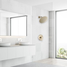 Brushed Gold Shower Faucet GGStudy Single Function Shower Trim Kit with Rough-in Valve Shower Set Bath Rainfall Shower Faucet System 8inch Round Stainless Steel Metal Shower Head