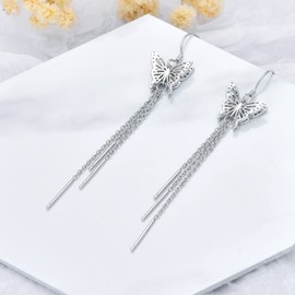 Flpruy Long Earrings Hanging 925 Sterling Silver Pull Through Earrings Threader Earrings Drop Blue Crystal Earrings Christmas Jewellery for Women Girls, Sterling Silver