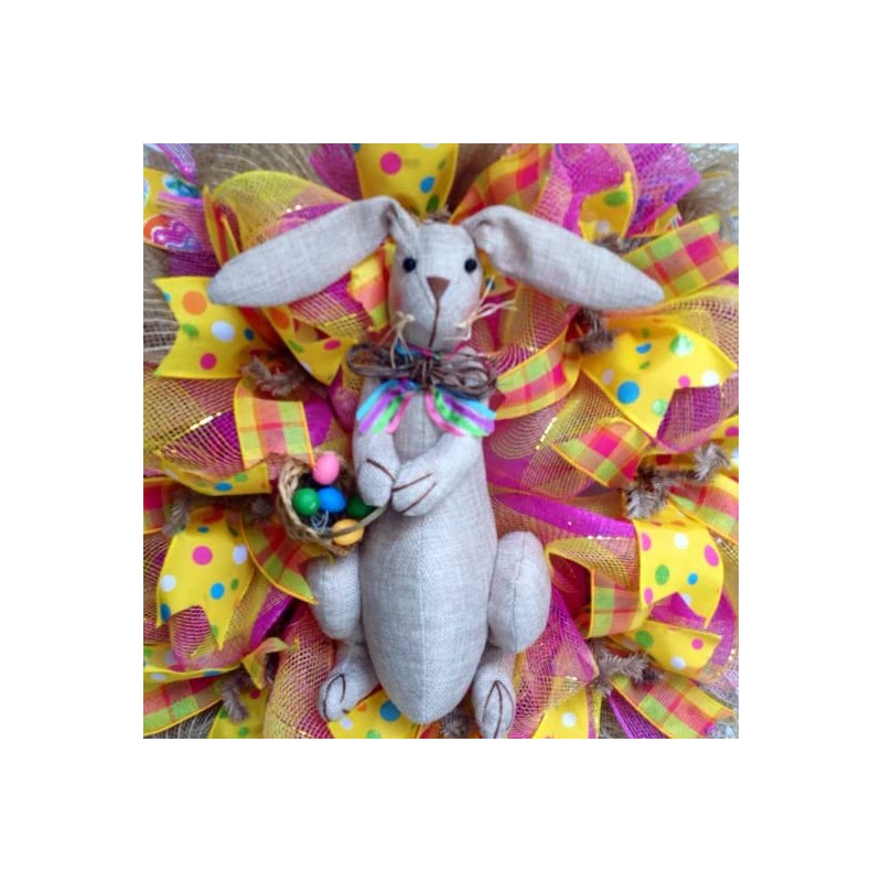 Burlap Easter Bunny with Easter Egg Basket Deco Mesh Wreath