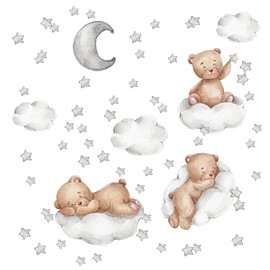 Wall Sticker Teddy Bear Wall Sticker Teddy Bear on Cloud Children's Room Decor with Stars, Moon and Cloud Motifs, Child-Friendly PVC, for Wall Decoration Baby Room