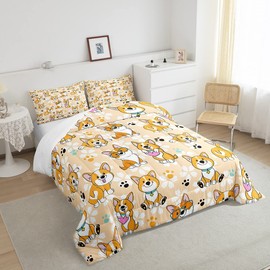 Cute Corgi Comforter Set Full Size,Cartoon Dog Paw Bedding Set 3pcs for Kids Teens Boys Girls Room Decor, Smiling Dog Quilt Set Kawaii Yellow Duvet Insert with 2 Pillowcases