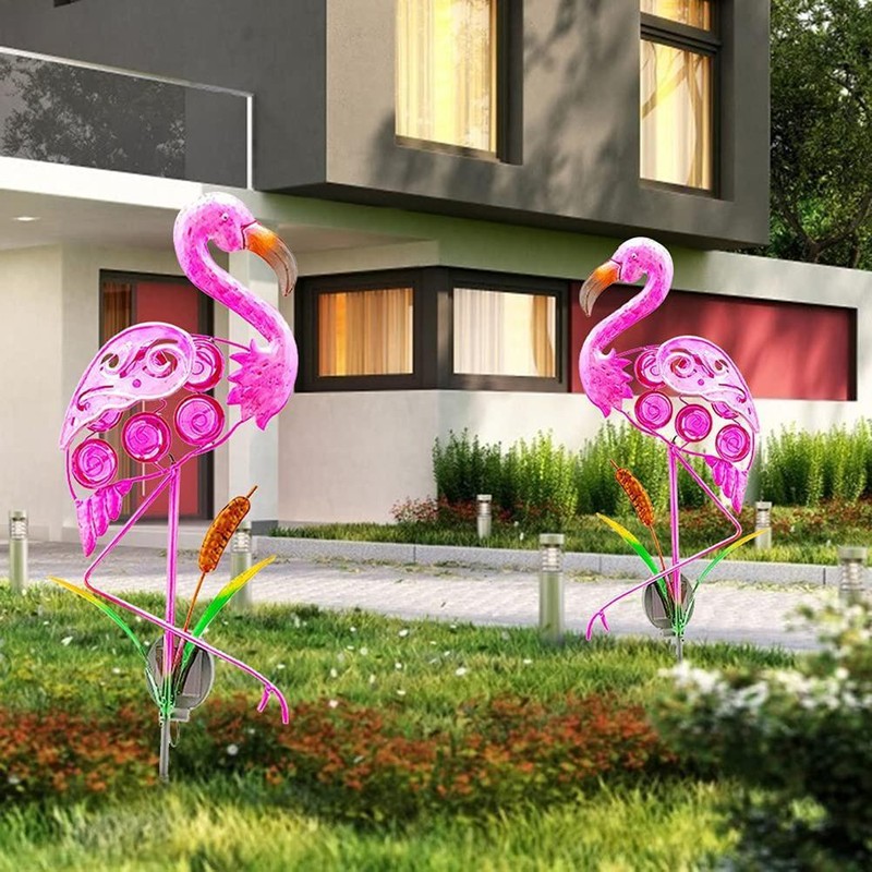 Outdoor Solar Garden Lights Hollow Metal Flamingo Lawn Light LED