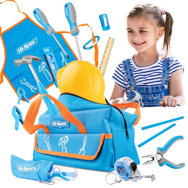 Hi-Spec 18pc Blue Kids Tool Kit Set & Child Size Tool Bag. Real Metal Hand Tools for DIY Building, Woodwork & Construction