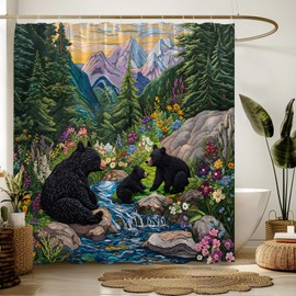GCTNBJL Cabin Bear Shower Curtain Green Nature Pine Tree Forest Wild Animal Black Bear Colorful Flower Mountain Vintage Rustic 70x70(WxH) Inches Bathroom Decor Fabric Curtain with Hooks