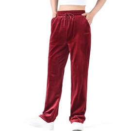 Zoulee Women's Petite Velour Sweatpants High Waist Straight Pants Drawstring Active Pants with Pockets Red S
