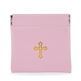 Squeeze Top Rosary Pouch Pink Vinyl with Gold Cross Imprint
