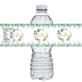 VTOS Greenery Water Bottle Stickers, 50 Pcs Garland Eucalyptus Leaves Gold Happy Birthday Water Bottle Wraps Green Plant Water Bottle Labels for Party Favor