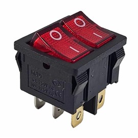 Double Rocker Switch Black 20 x 22 mm Red Rocker Illuminated 6 Pin 6 A 250 VAC