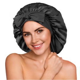 Umisleep 100% 22 Momme Mulberry Silk Bonnet for Sleeping Women, Larger Double Layer Silk Hair Wrap for Curly Short Long Hair, Non-Slip Sleep Cap Turban with Elastic Tie Band for Hair Care, Black