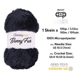 HobbyMia Bunny Fur Fluffy Yarn for Knitting & Crochet - 100gr / 109yds - 100% Micropolyester - Faux Yarn (5) Bulky Weight, Chunky Yarn for Hand Knitting (Black, 1 Skein)