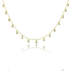 14K Gold Plated 925 Sterling Silver Round Cubic Zirconia Bezel CZ by Yard Drop Dangle Station Collar Necklace, Adjustable Length 18,19,20