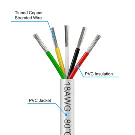 20FT 18 Gauge Wire 5 Conductor, 18AWG Electrical Wire, 18/5 Oxygen Free Stranded Tinned Copper Wire, Insulated Low Voltage Cable for LED Lamps Lights Automotive