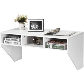 BETTARY Wall Mounted Desk Hutch, Computer Desk Floating, Home Office Working Desk, 42.5inch Laptop Table Writing Desk, Table with Storage Shelves,Modern Console Media Storage Cabinet (White)